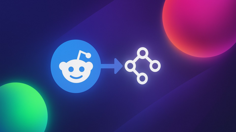Reddit logo connected to automation icon on a colorful tech background
