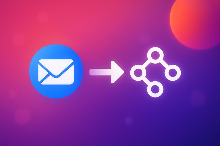 Email icon connected to an automation workflow symbol with a gradient purple-pink background.