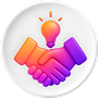 Icon showing a handshake with a light bulb at the center, illustrating the fusion of teamwork and bright ideas.